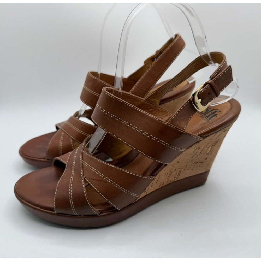Sofft Petrella Wedge Sandal Women Size 8.5M Cognac Gold Open-Toe Cork Heel Shoes